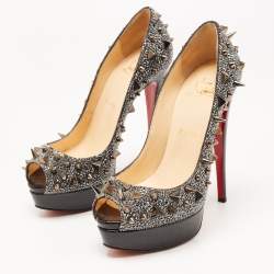 Christian Louboutin Metallic Crystal Embellished Leather Lady Peep Spikes Pumps Size 37.5