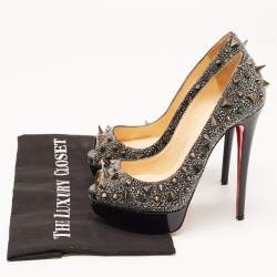 Christian Louboutin Metallic Crystal Embellished Leather Lady Peep Spikes Pumps Size 37.5