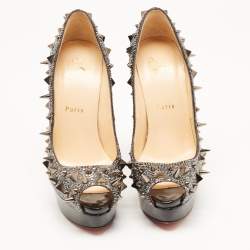 Christian Louboutin Metallic Crystal Embellished Leather Lady Peep Spikes Pumps Size 37.5