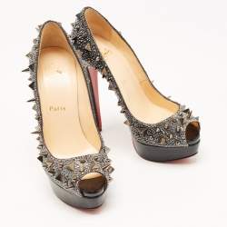 Christian Louboutin Metallic Crystal Embellished Leather Lady Peep Spikes Pumps Size 37.5