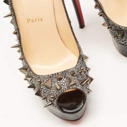 Christian Louboutin Metallic Crystal Embellished Leather Lady Peep Spikes Pumps Size 37.5