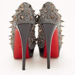 Christian Louboutin Metallic Crystal Embellished Leather Lady Peep Spikes Pumps Size 37.5