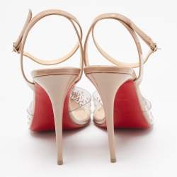 Christian Louboutin Beige Patent Leather and PVC Spikaqueen Ankle Strap Pumps Size 37.5