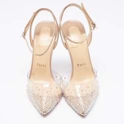 Christian Louboutin Beige Patent Leather and PVC Spikaqueen Ankle Strap Pumps Size 37.5