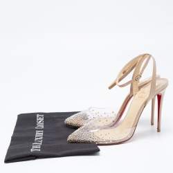 Christian Louboutin Beige Patent Leather and PVC Spikaqueen Ankle Strap Pumps Size 37.5