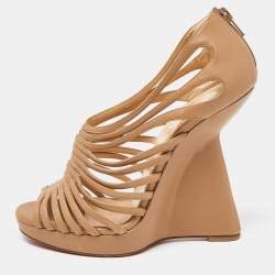 Christian Louboutin Beige Leather Wedge Platform Booties Size 38