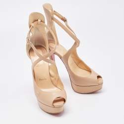 Christian Louboutin Beige Leather Marlenalta Peep Toe Platform Ankle Strap Sandals Size 36.5
