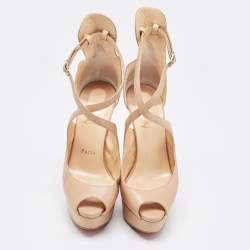 Christian Louboutin Beige Leather Marlenalta Peep Toe Platform Ankle Strap Sandals Size 36.5