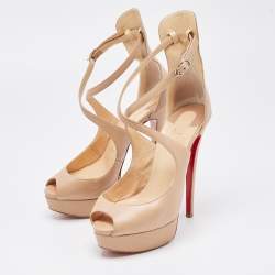 Christian Louboutin Beige Leather Marlenalta Peep Toe Platform Ankle Strap Sandals Size 36.5