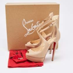 Christian Louboutin Beige Leather Marlenalta Peep Toe Platform Ankle Strap Sandals Size 36.5