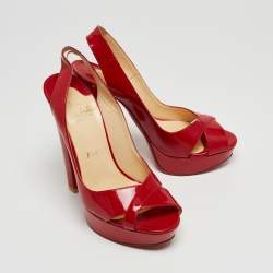 Christian Louboutin Red Patent Leather Marpoil Peep Toe Platform Slingback Sandals Size 37.5