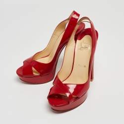 Christian Louboutin Red Patent Leather Marpoil Peep Toe Platform Slingback Sandals Size 37.5