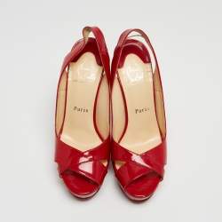 Christian Louboutin Red Patent Leather Marpoil Peep Toe Platform Slingback Sandals Size 37.5