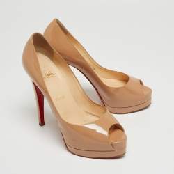 Pre Owned Christian Louboutin Beige Patent Leather Palais Royal Peep Toe Platform Pumps Size 38.5