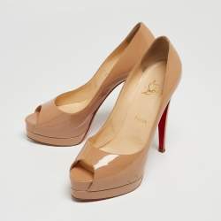 Pre Owned Christian Louboutin Beige Patent Leather Palais Royal Peep Toe Platform Pumps Size 38.5