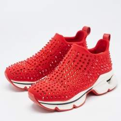 Pre Owned Christian Louboutin Red Neoprene Spike Sock Sneakers Size 38.5
