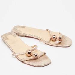 Pre Owned Christian Louboutin Metallic Rose Leather Atonetta Ornament Flat Slides Size 38 