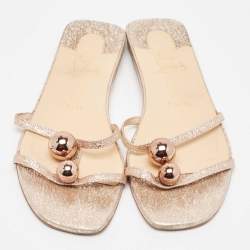 Pre Owned Christian Louboutin Metallic Rose Leather Atonetta Ornament Flat Slides Size 38 