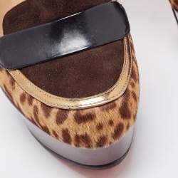 Pre Owned Christian Louboutin Tricolor Animal Print Calf Hair and Suede Platform Loafer Pumps Size 36