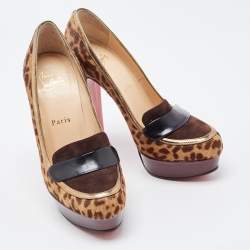 Pre Owned Christian Louboutin Tricolor Animal Print Calf Hair and Suede Platform Loafer Pumps Size 36