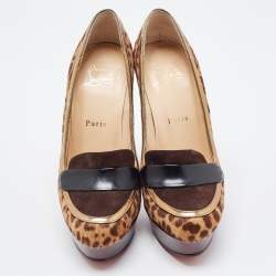 Pre Owned Christian Louboutin Tricolor Animal Print Calf Hair and Suede Platform Loafer Pumps Size 36