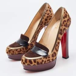 Pre Owned Christian Louboutin Tricolor Animal Print Calf Hair and Suede Platform Loafer Pumps Size 36