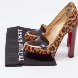 Pre Owned Christian Louboutin Tricolor Animal Print Calf Hair and Suede Platform Loafer Pumps Size 36