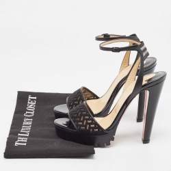 Pre Owned Christian Louboutin Black Leather and Lace Volumetric Ankle Strap Sandals Size 35