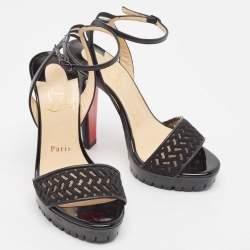 Pre Owned Christian Louboutin Black Leather and Lace Volumetric Ankle Strap Sandals Size 35