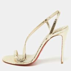 Pre Owned Christian Louboutin Gold Crinkled Patent Leather Rosalie Sandals Size 38.5