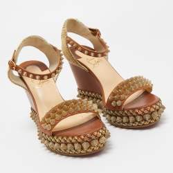 Pre Owned Christian Louboutin Brown Leather Cordorella Wedge Sandals Size 37