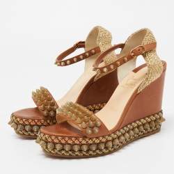 Pre Owned Christian Louboutin Brown Leather Cordorella Wedge Sandals Size 37
