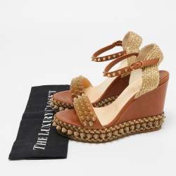 Pre Owned Christian Louboutin Brown Leather Cordorella Wedge Sandals Size 37