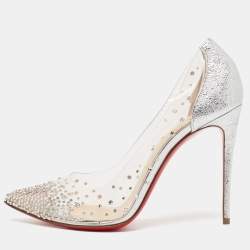 Pre Owned Christian Louboutin Silver Textured Leather and PVC Degrastrass Pumps Size 38.5