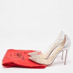Pre Owned Christian Louboutin Silver Textured Leather and PVC Degrastrass Pumps Size 38.5