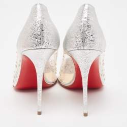 Pre Owned Christian Louboutin Silver Textured Leather and PVC Degrastrass Pumps Size 38.5