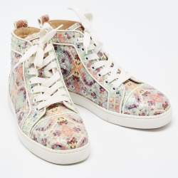 Christian Louboutin Green Pixel Print Embossed Snakeskin Louis High Top Sneakers Size 36