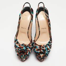 Pre Owned Christian Louboutin Tricolor Printed Fabric Jenny Slingback Pumps Size 39.5