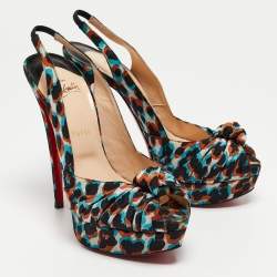 Pre Owned Christian Louboutin Tricolor Printed Fabric Jenny Slingback Pumps Size 39.5