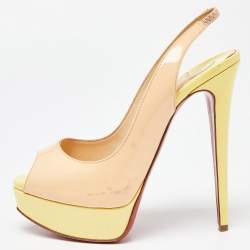 Pre Owned Christian Louboutin Beige/Yellow Patent Leather Lady Peep Slingback Pumps Size 36