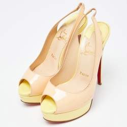 Pre Owned Christian Louboutin Beige/Yellow Patent Leather Lady Peep Slingback Pumps Size 36