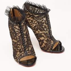 Pre Owned Christian Louboutin Black Lace and Patent Leather Juliettra Booties Size 41