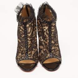 Pre Owned Christian Louboutin Black Lace and Patent Leather Juliettra Booties Size 41