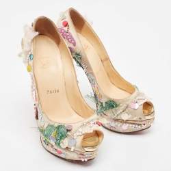 Pre Owned Christian Louboutin Beige Satin 'Make Up Trash' Lady Peep-Toe Pumps Size 36.5 