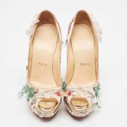 Pre Owned Christian Louboutin Beige Satin 'Make Up Trash' Lady Peep-Toe Pumps Size 36.5 
