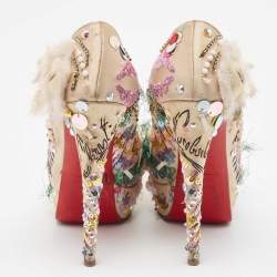 Pre Owned Christian Louboutin Beige Satin 'Make Up Trash' Lady Peep-Toe Pumps Size 36.5 