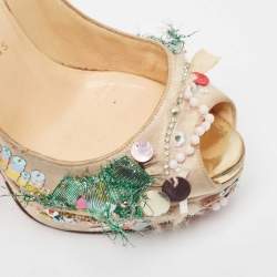 Pre Owned Christian Louboutin Beige Satin 'Make Up Trash' Lady Peep-Toe Pumps Size 36.5 
