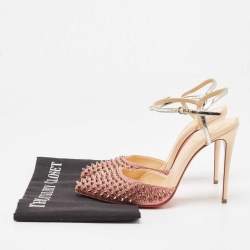 Christian Louboutin Pink/Silver Lurex Fabric and Leather Baila Spike Ankle Strap Pumps Size 36