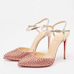 Christian Louboutin Pink/Silver Lurex Fabric and Leather Baila Spike Ankle Strap Pumps Size 36