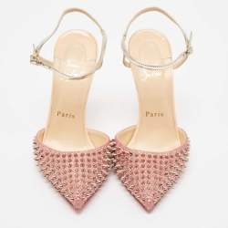 Christian Louboutin Pink/Silver Lurex Fabric and Leather Baila Spike Ankle Strap Pumps Size 36